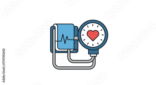 Medical Blood Pressure Monitor Illustration with Heart Icon and Pulse Line.