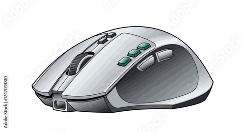 Modern Silver Computer Mouse with Multiple Buttons and Scroll Wheel.