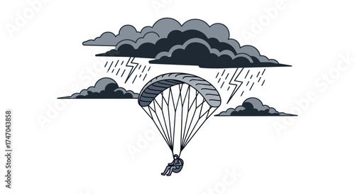 Illustration of a Parachutist Descending Through Stormy Weather.