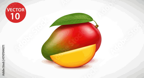 A whole ripe red and green mango with a single leaf accompanied by a juicy golden slice of the fruit.