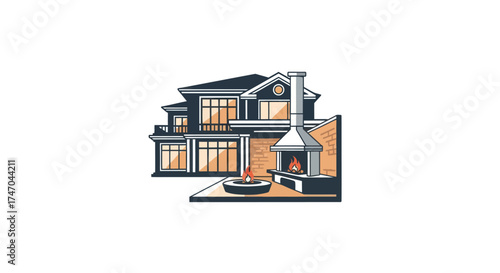 Modern House with Outdoor Kitchen and Fireplace Illustration.