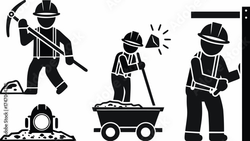 Illustration showing several miners with helmets and tools in a black and white graphic design style silhouette