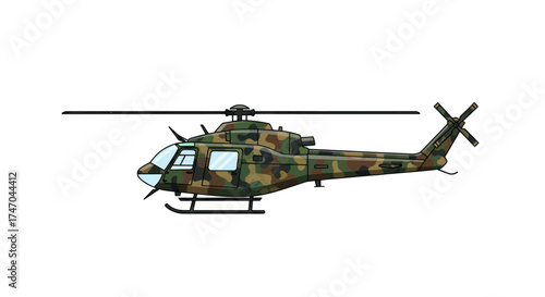 Military camouflage attack helicopter with main and tail rotors.