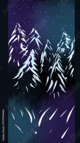Paisaje nocturno con arboles y iluminación de la oscuridad