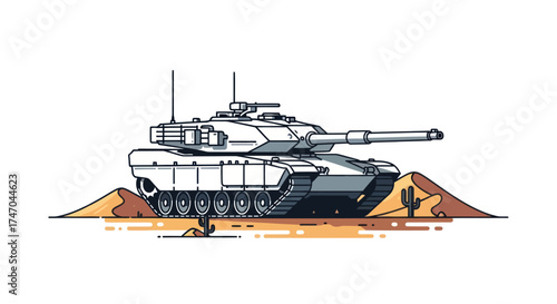 Modern Military Tank with Desert Landscape Illustration.