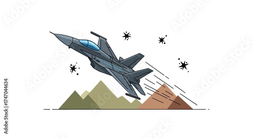 Modern Military Jet Fighter Aircraft Flying Over Mountains.