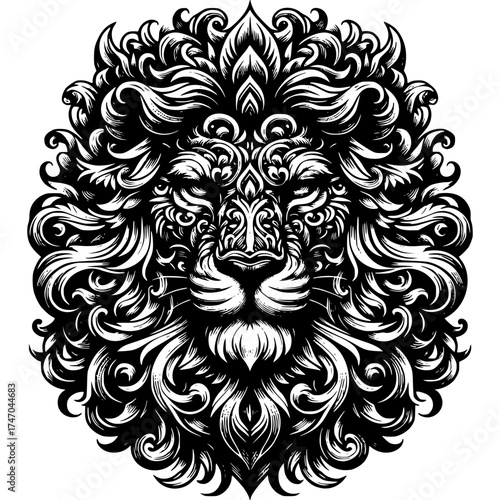 Majestic Lion Illustration: A powerful and intricate lion illustration, its ornate mane flowing with exquisite detail, its gaze intense, symbolizing strength and royalty. 