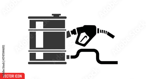 Black vector icon of an oil barrel with a connected fuel pump nozzle and hose.