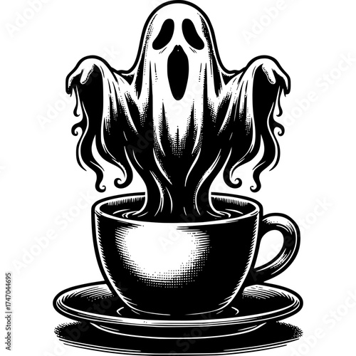 Spooky Brew: An artistic depiction of a spectral ghost emerging from a steaming cup of coffee, evoking an eerie sense of the supernatural.