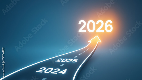 Business growth 2026 target goal achievement road arrow leading to future with glowing 2026 symbol showing progress and optimistic determination