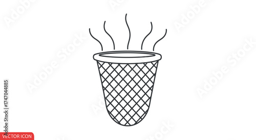 A simple black and white line drawing of a smelly mesh wastebasket with odor lines.