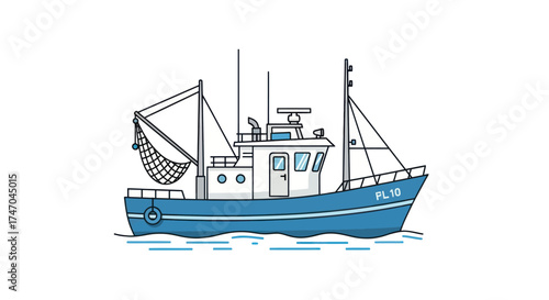 Blue fishing trawler boat with nets and radar on the water.