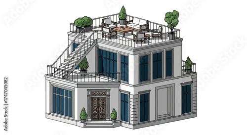 Modern Multi-Level Residential Building with Rooftop Terrace and Lush Greenery.
