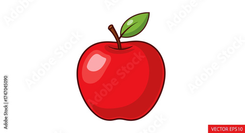 Vibrant Red Apple Illustration with Green Leaf and Stem.