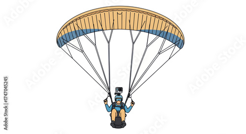 Front view illustration of a paraglider with a yellow and blue wing pilot in a harness and a helmet camera.
