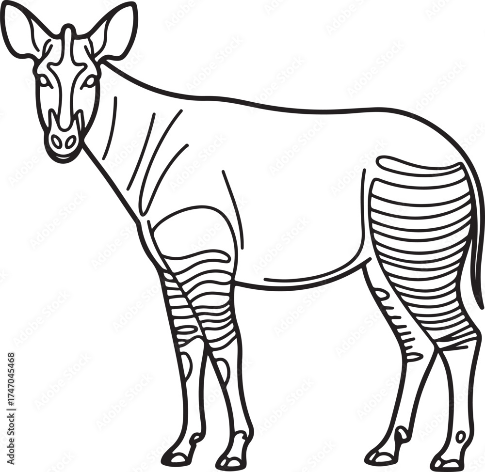 Obraz premium Black and White Line Art Illustration of an Okapi Standing Keywords: okapi, animal, wildlife