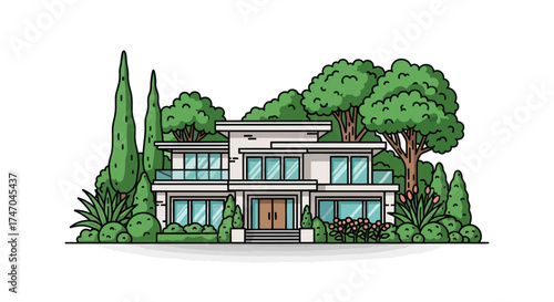 Modern Two-Story Luxury Residence Surrounded by Lush Greenery.