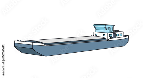 Long flat-decked cargo barge with a prominent bridge structure.