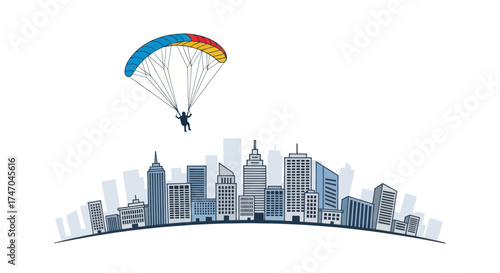 Paraglider Soaring Above a Modern City Skyline with Tall Buildings.
