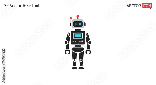 Cartoon Robot Illustration with Antennae and Screen Display Black and White Design.