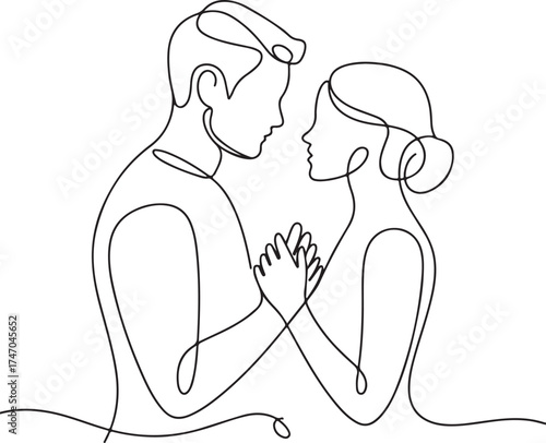 Couple Holding Hands Gazing At Each Other In Single Line Art Style love gaze