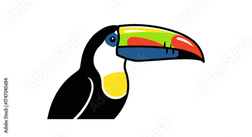 Stylized tropical toucan bird illustration with a large colorful rainbow beak.