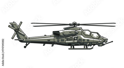 Detailed side profile illustration of a modern military attack helicopter with camouflage.