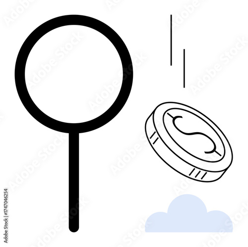 Magnifying glass near a falling coin above a cloud, symbolizing financial investigation, economic decisions, value analysis, risk assessment, transparency, growth opportunities, and wealth tracking