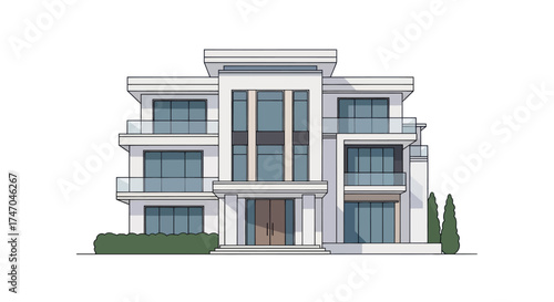 Modern Luxury Multi-Story Residential Building with Glass Balconies and Sleek Design.