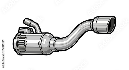 Automotive exhaust muffler system with curved pipe and outlet.
