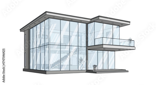 Modern Glass House with Balcony and Flat Roof Design.