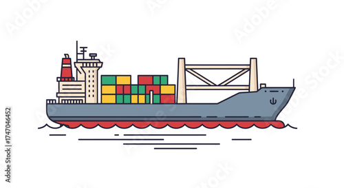 Colorful Cargo Ship Illustration with Containers and Cranes.