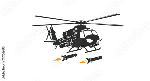 Military Attack Helicopter Firing Missiles Silhouette Illustration.