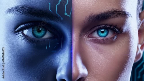 Close-up of two faces, split down the middle, one human with natural skin and blue eye, the other robotic with circuit patterns and glowing blue eye, symbolizing human-technology fusion.