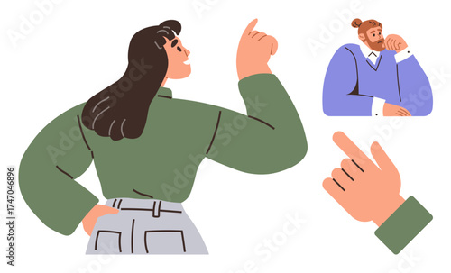 Woman pointing assertively with another person contemplating nearby. Hand gesture also depicted. Ideal for communication, decision-making, teamwork, leadership, discussion, interaction, simple flat