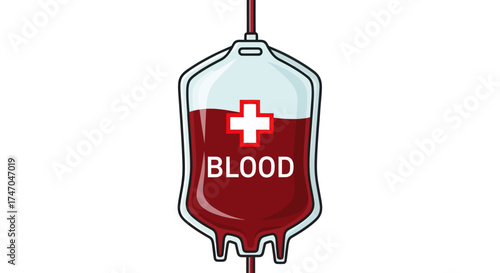 Medical blood bag with red fluid and white cross symbol.