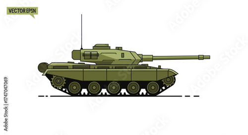 Detailed Illustration of a Modern Olive Green Military Tank.
