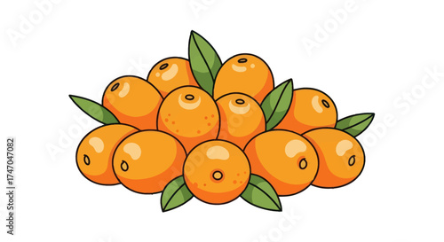 A cartoon illustration of a pile of fresh orange sea buckthorn berries with green leaves.