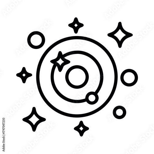 Stylized icon of a celestial body with orbiting planets and stars