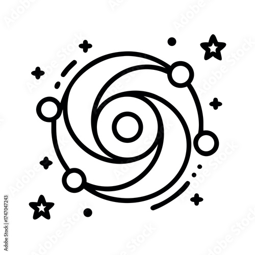 Stylized black and white icon of a swirling galaxy with planets and stars
