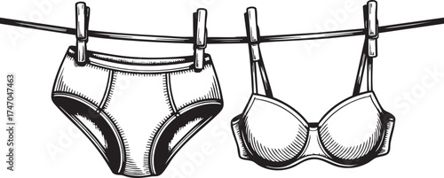 Drying swimsuit hanging on a rope. Bra and panties underwear laundry on the clothesline, summer beach bikini linocut doodle. Italian summer vacation doodle style illustrations.