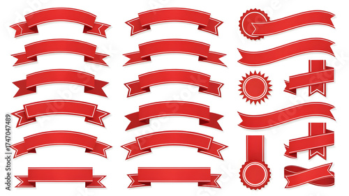 A collection of red banners and ribbon designs with golden accents on a white background vector graphic