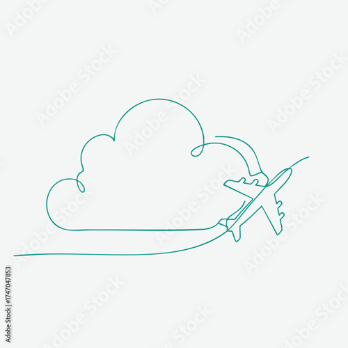 Minimalist Line Drawing of an Airplane Flying Past a Cloud with a Curved Path in a Simple Style