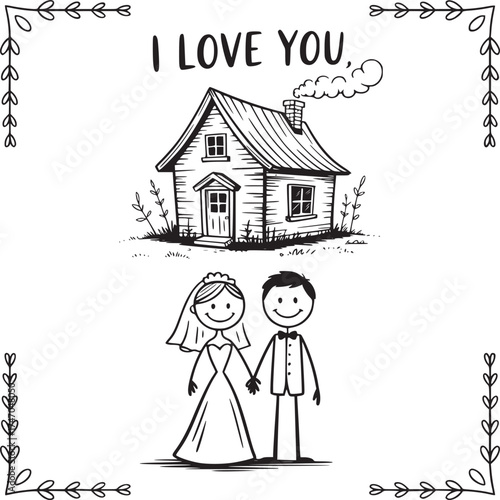 Love and Home: Simple line drawing of a newly wed couple standing in front of their dream home. a beautiful romantic illustration.