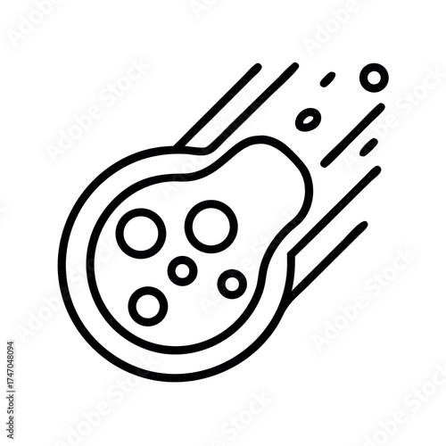 Stylized line art illustration of an asteroid with craters streaking through space