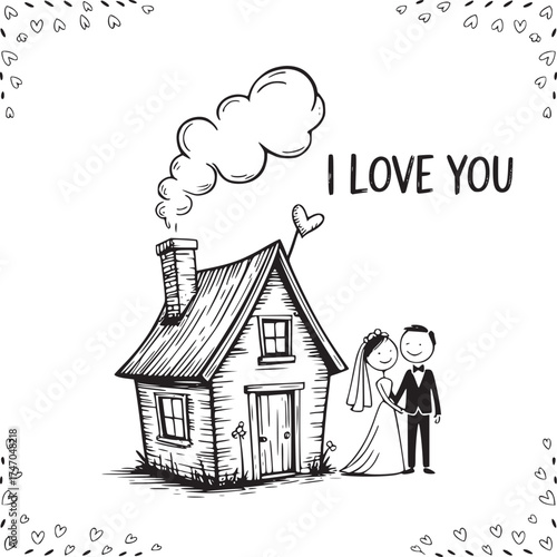 Love's Abode: An endearing illustration of a newlywed couple, standing hand-in-hand before their charming home, with a heart-shaped wisp of smoke ascending.