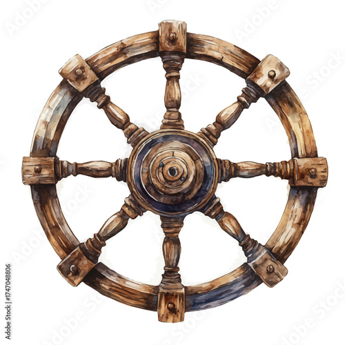 Ship Wheel, watercolor vector, isolated on a white background.