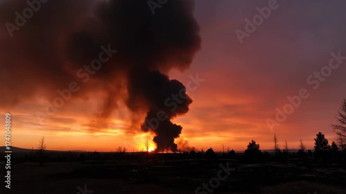 Distant Fire at Sunset - A column of dark smoke rises in the distance during a vibrant sunset. The sun casts a warm orange and red glow across the sky, silhouetting the landscape.