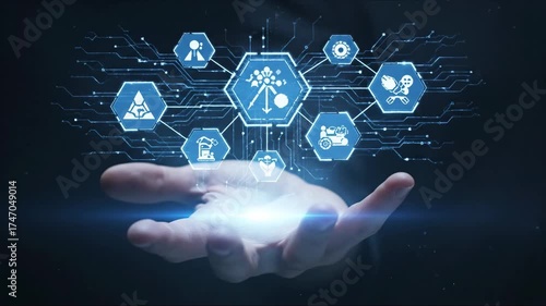 Digital Technology in Human Hand - A close-up of a human hand presenting a digital interface, featuring hexagonal icons representing various technological concepts.