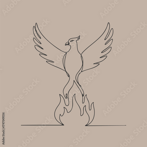 Minimalist line art of a mythical phoenix rising with wings spread and flames at the base on a neutral